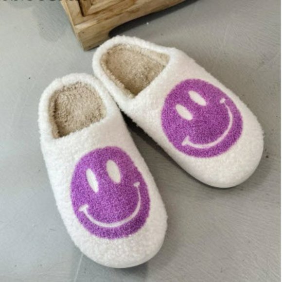 Purple and White Smiley Face Slippers with Soles - Picture 3 of 6